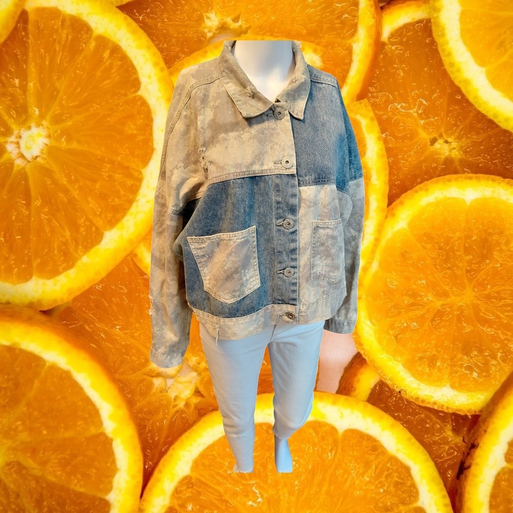 POL Denim Jacket Women Size L Distressed Colorblock Patchwork Blue Tan